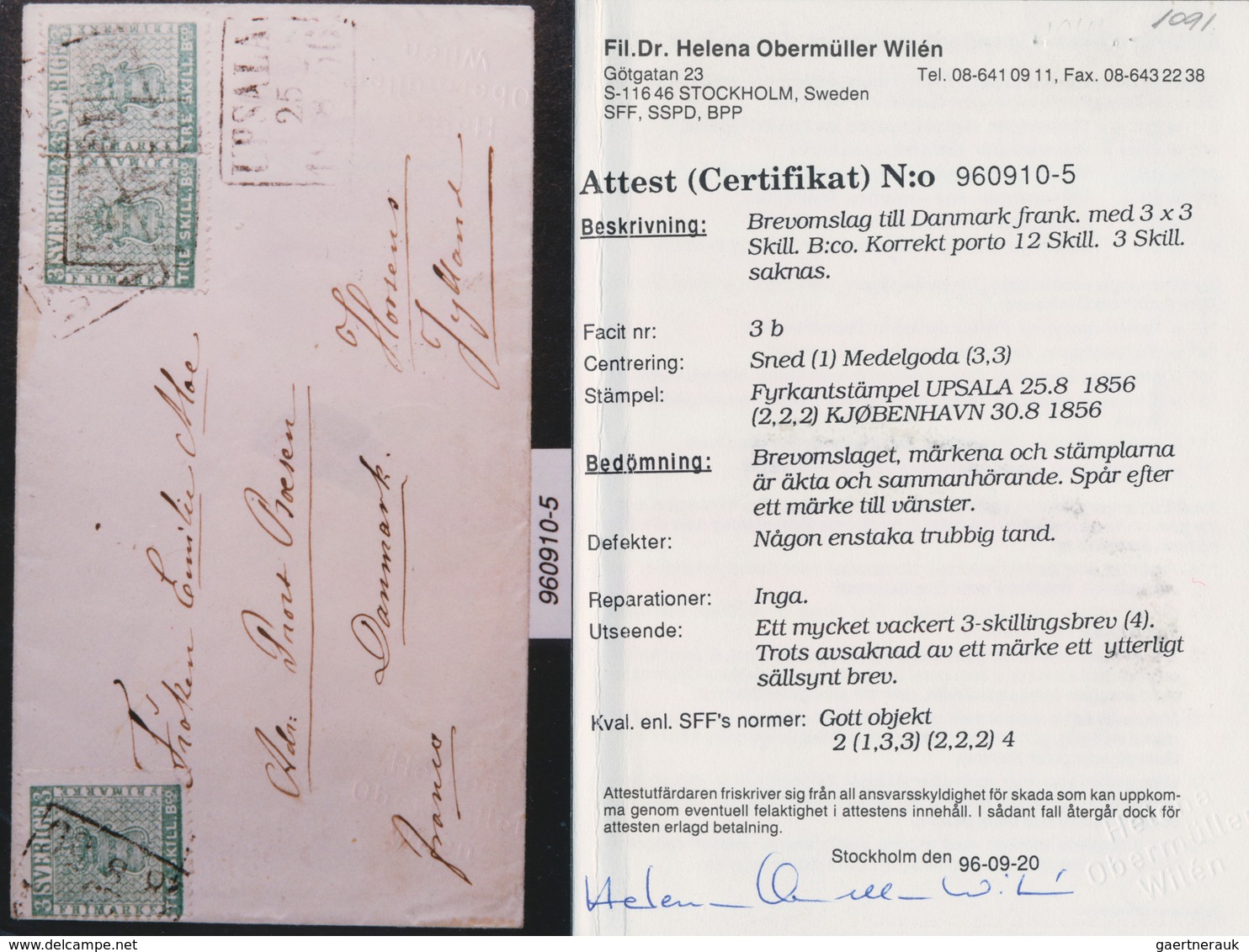 Schweden: 1855: Three Singles Of 3 Skill. Bco. Bluish Green Used On Cover From Upsala To DENMARK, As - Used Stamps