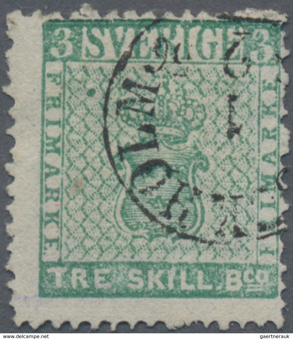 Schweden: 1855, TRE SKILL Bco Bluish Green, Fresh Colour And Well Perforated, Decentred Towards Top - Gebraucht