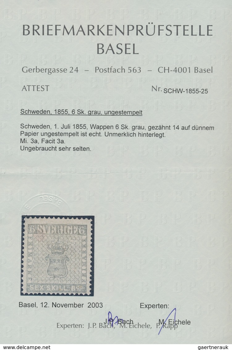 Schweden: 1855, SIX SKILL. Bco. Grey, Fresh Colour, Unused Without Gum, Repaired, Certificate BPB An - Used Stamps