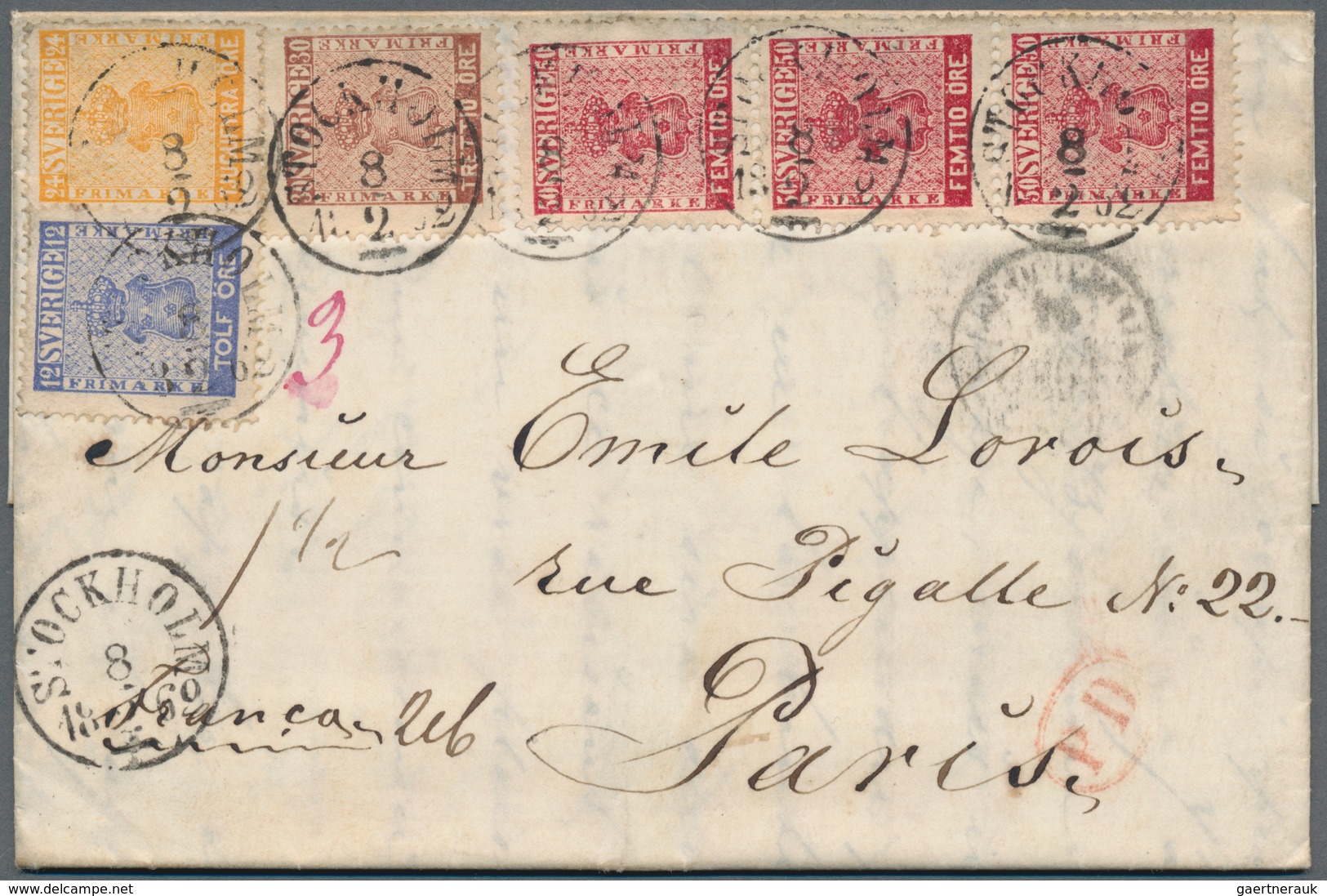 Schweden: 1858 50 øre Carmine Vertical Strip Of Three Used Along With 30 øre Brown, 24 øre Orange An - Gebraucht