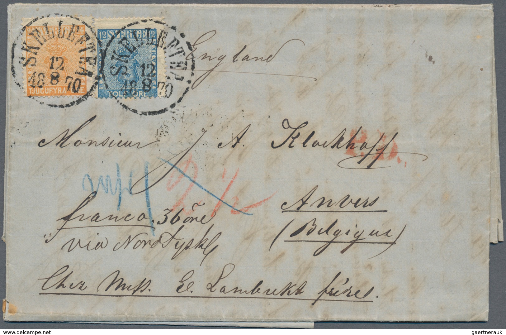 Schweden: 1870 Destination BELGIUM: Entire Letter From Skellefteå To Anverp, BELGIUM Via Northern Ge - Gebraucht