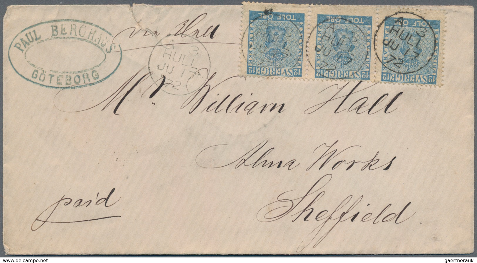 Schweden: 1872 Cover From Göteborg To Sheffield, England 'via Hull' (endorsed In M/s), Franked By 18 - Gebraucht
