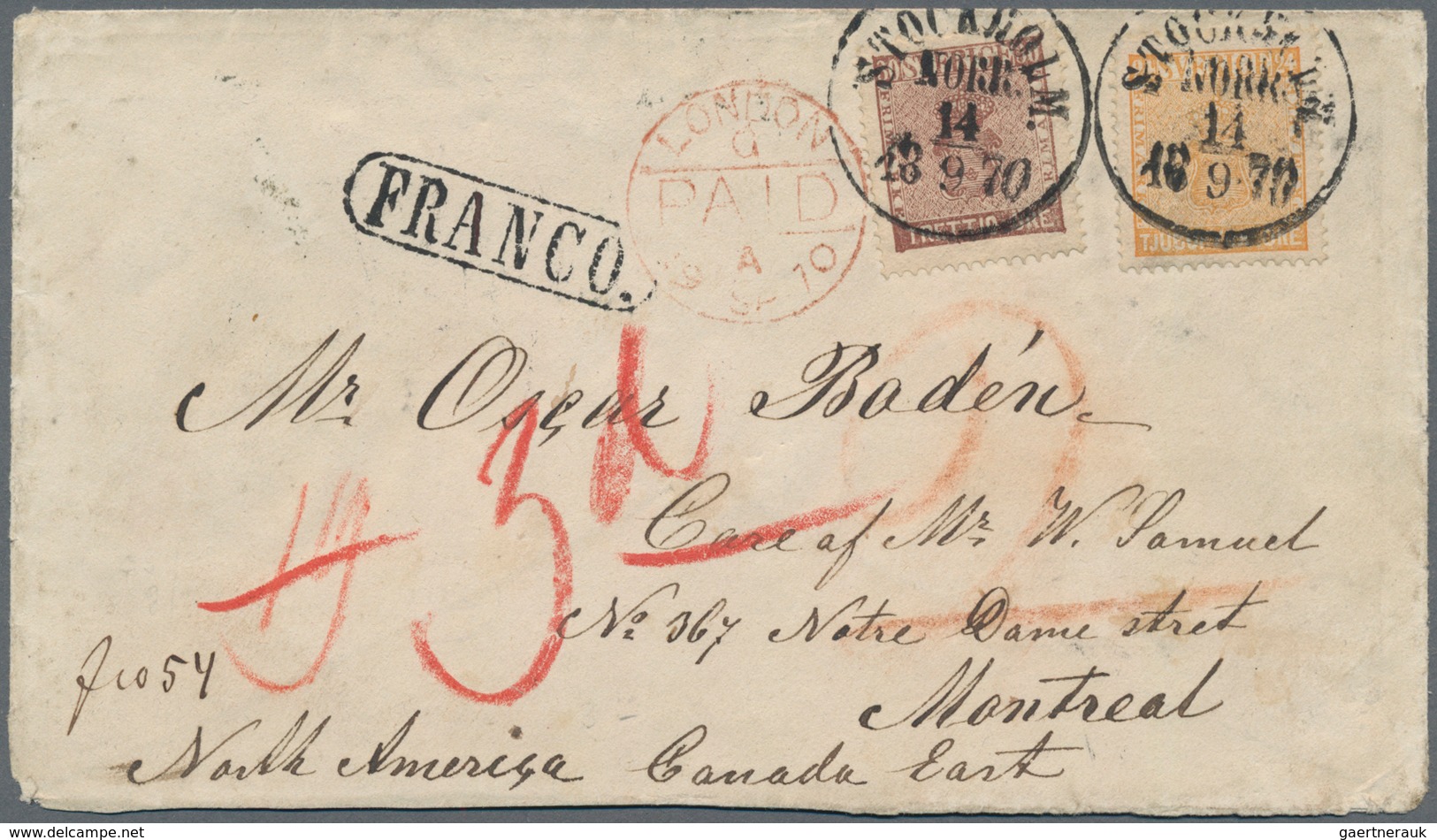 Schweden: 1870 Cover From Stockholm To Montreal, CANADA Via London Franked By 1858-70 24 øre Orange - Gebraucht