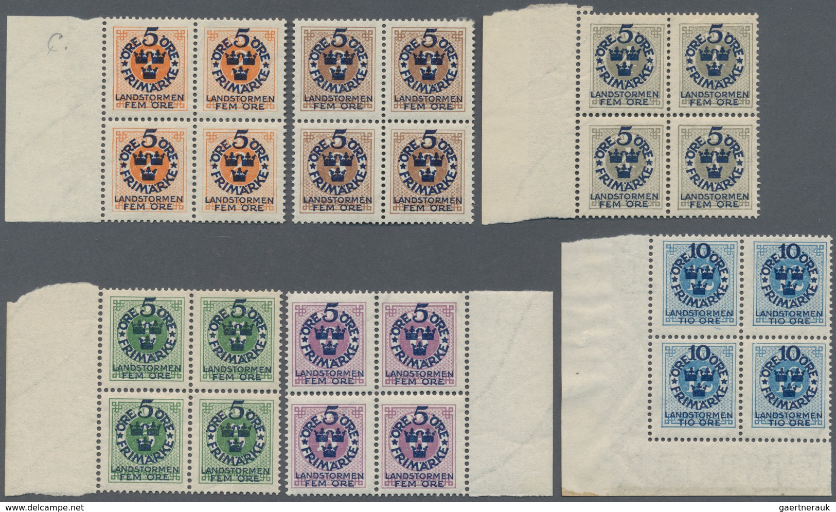 Schweden: 1916, "Landstormen" Overprints, Complete Set Of Eleven Values In (mainly Marginal) Blocks - Gebraucht