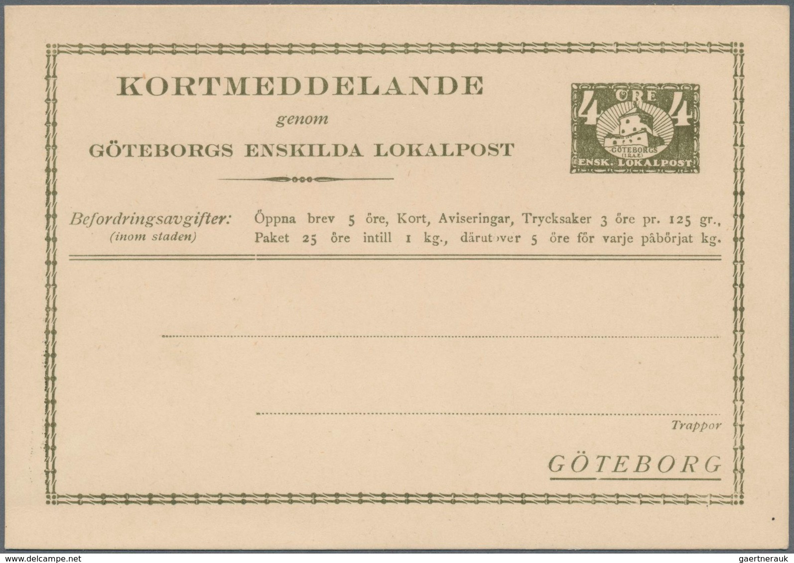 Schweden - Ganzsachen: 1925 (ca.) Private Townpost Of Göteborg, Unused Postal Stationery Card 4 Öre - Postal Stationery