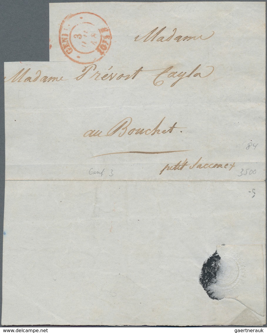 Schweiz - Genf: 1845 Kleiner Adler 5 C. Schwarz/gelbgrün, Gebraucht Und Entwertet Mit Roter Rosette - 1843-1852 Federal & Cantonal Stamps