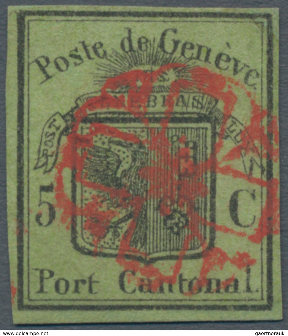 Schweiz - Genf: 1846 Großer Adler 5 C. Schwarz/gelbgrün, Gebraucht Und Entwertet Mit Voll Aufgesetzt - 1843-1852 Federal & Cantonal Stamps
