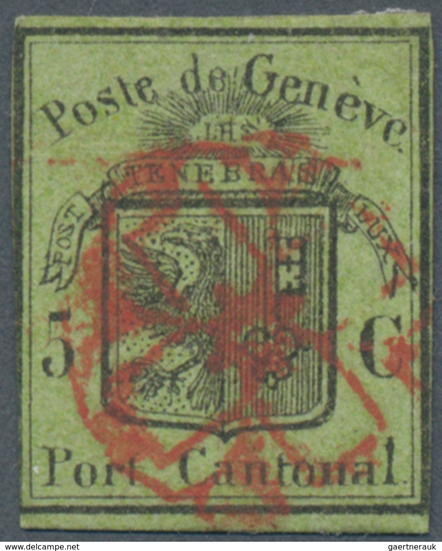 Schweiz - Genf: 1847, 5 C Schwarz Auf Lebhaftgelboliv Sauber Entwertet Mit Roter Rossette, Teils Lei - 1843-1852 Federal & Cantonal Stamps