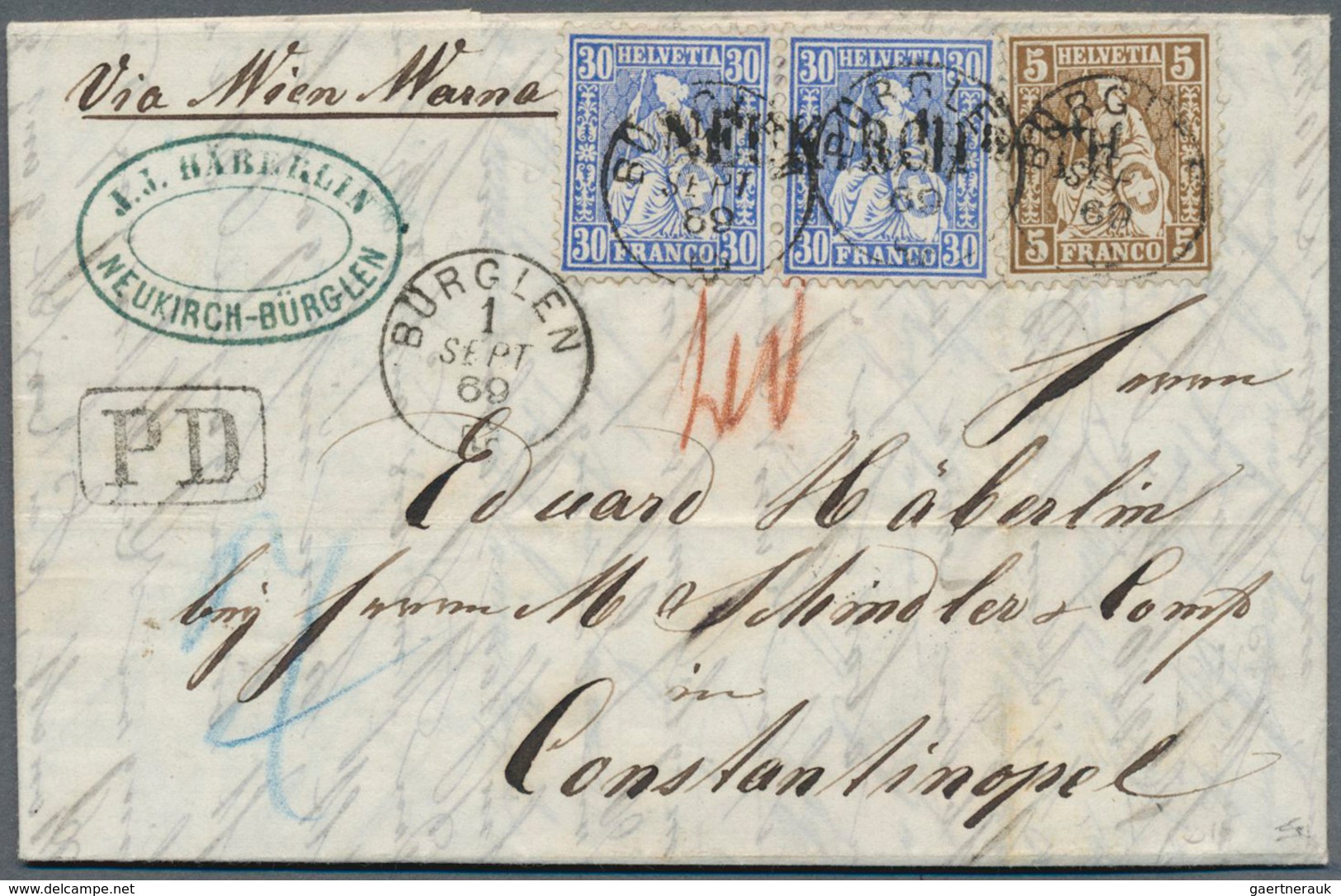 Schweiz: 1869, Kompletter Faltbrief Von Neukirch-Bürglein Via Romanshorn, Wien Und Varna Nach Consta - Unused Stamps