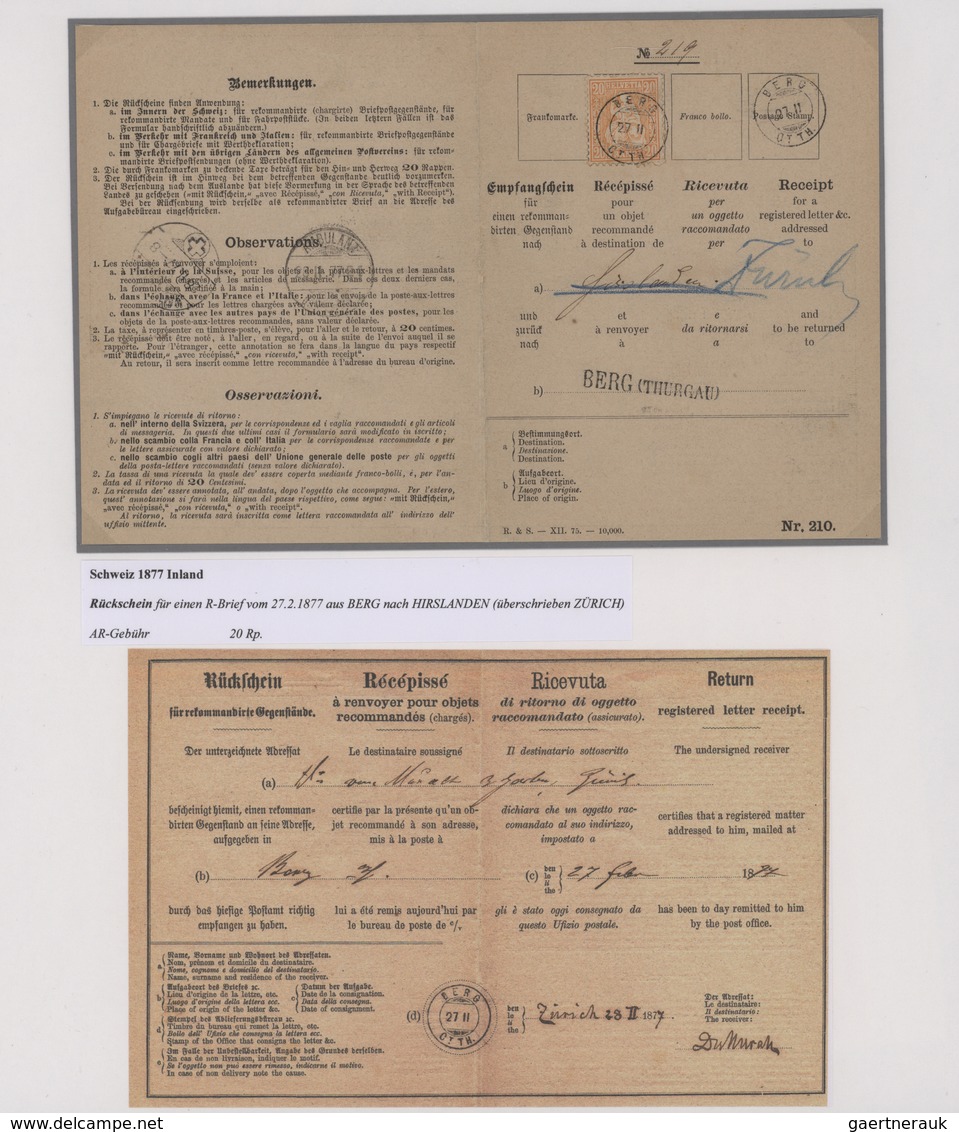 Schweiz: 1877, 20 Rp. Orange Als Portogerechte Einzelfrankatur Auf Rückschein Für Einen Eingeschrieb - Unused Stamps