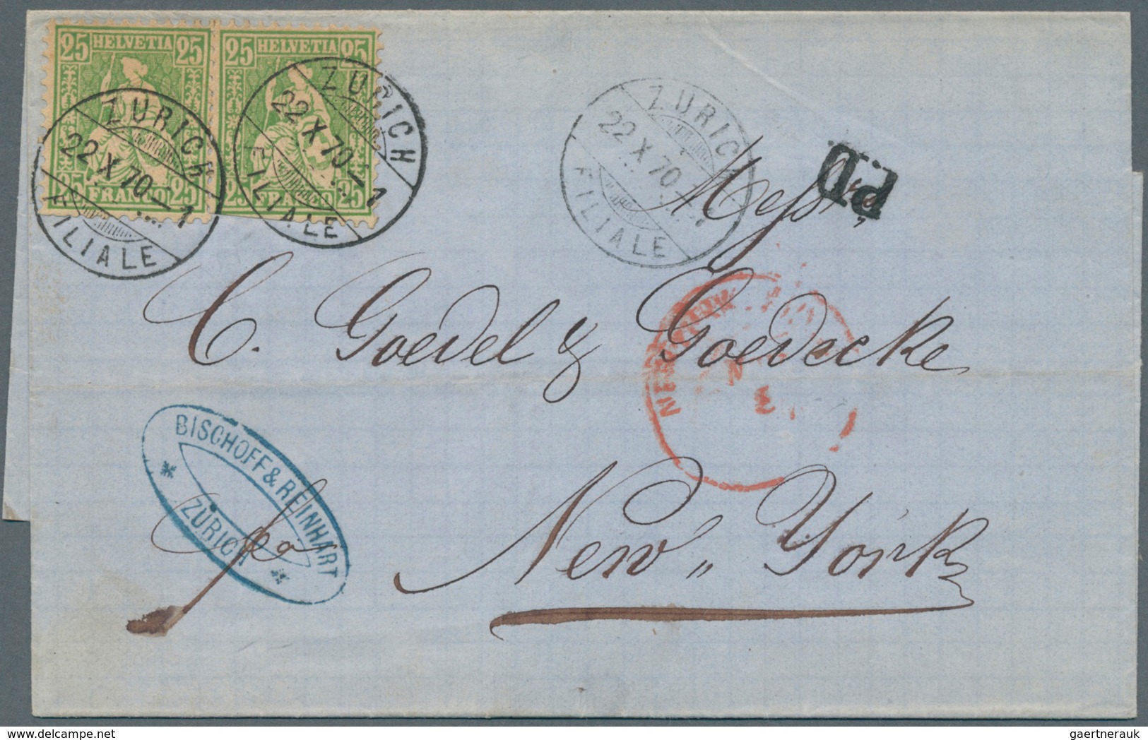 Schweiz: 1870, 25 Rp. Gelblichgrün, 2 Farbfrische Werte (unten Scherentrennung) Als Portogerechte Me - Unused Stamps