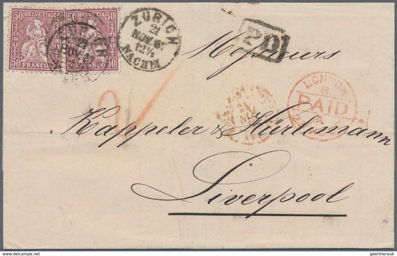 Schweiz: 1862, 2x 50 C Dunkellila Auf PD-Faltbrief Von Zürich Nach Liverpool, Beigesetzt Roter Londo - Unused Stamps