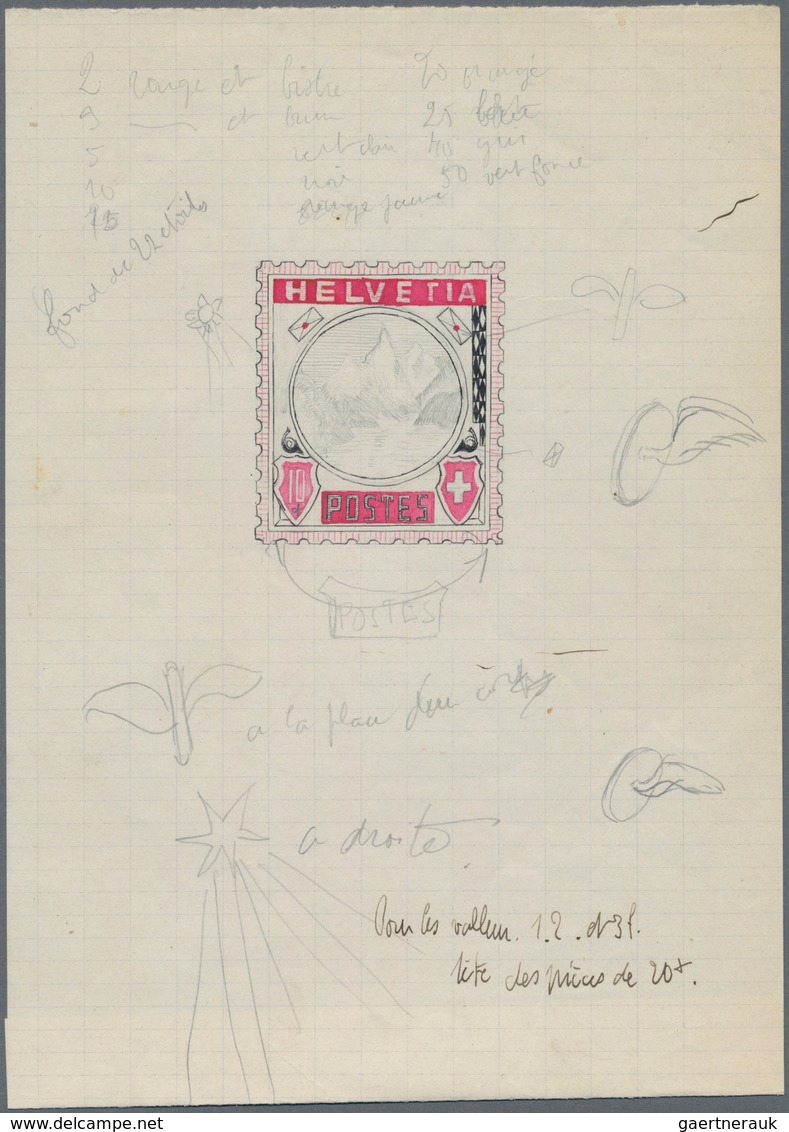 Schweiz: 1880 (ca.): RÜTLI-Essay Als Handgemalter Entwurf In Schwarz/rot/rosa Auf Kariertem Papier, - Unused Stamps