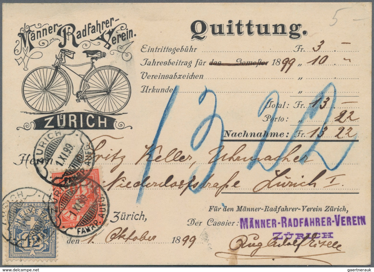 Schweiz: 1899 - Zwei Seltene Postkarten: 1) Karte Des Männer-Radfahrer-Vereins Zürich Mit Herrlicher - Unused Stamps