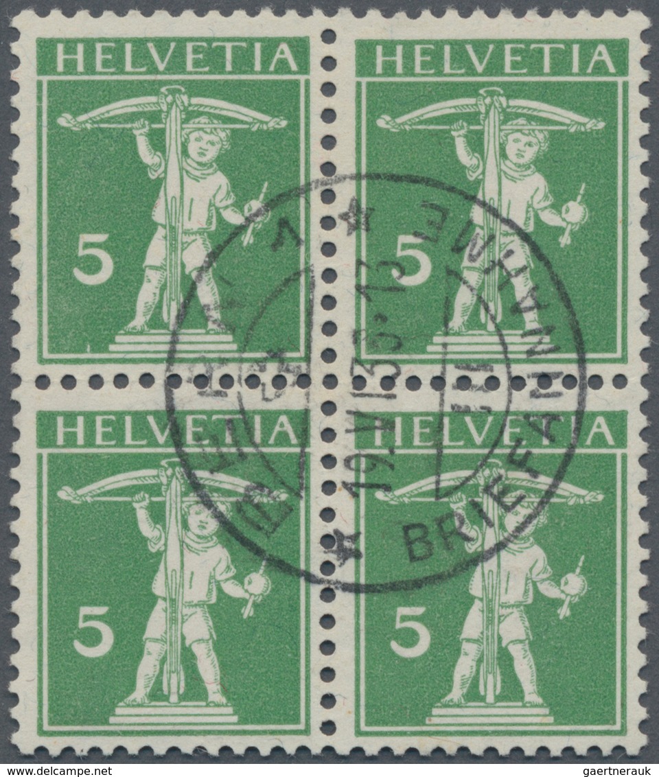 Schweiz: 1910 Tellknabe 5 Rp. Grün In Type II, Viererblock Mit ZENTRISCHEM STEMPEL "BERN 1 BRIEFANNA - Unused Stamps