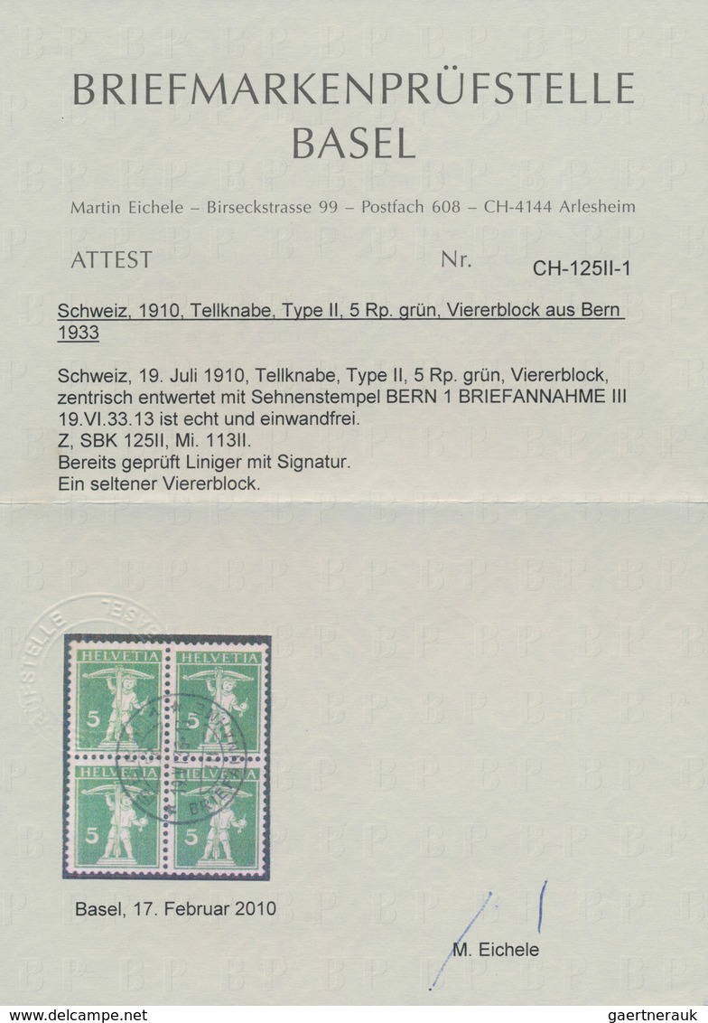 Schweiz: 1910 Tellknabe 5 Rp. Grün In Type II, Viererblock Mit ZENTRISCHEM STEMPEL "BERN 1 BRIEFANNA - Ungebraucht