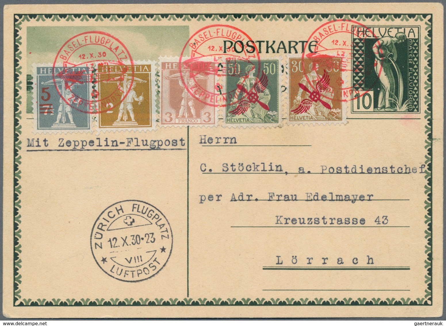 Schweiz: 1930 Zeppelin Schweiz-Fahrt: Ganzsachenkarte 10 Rp. Mit Ungewöhnlicher Zusatzfrankatur Best - Unused Stamps