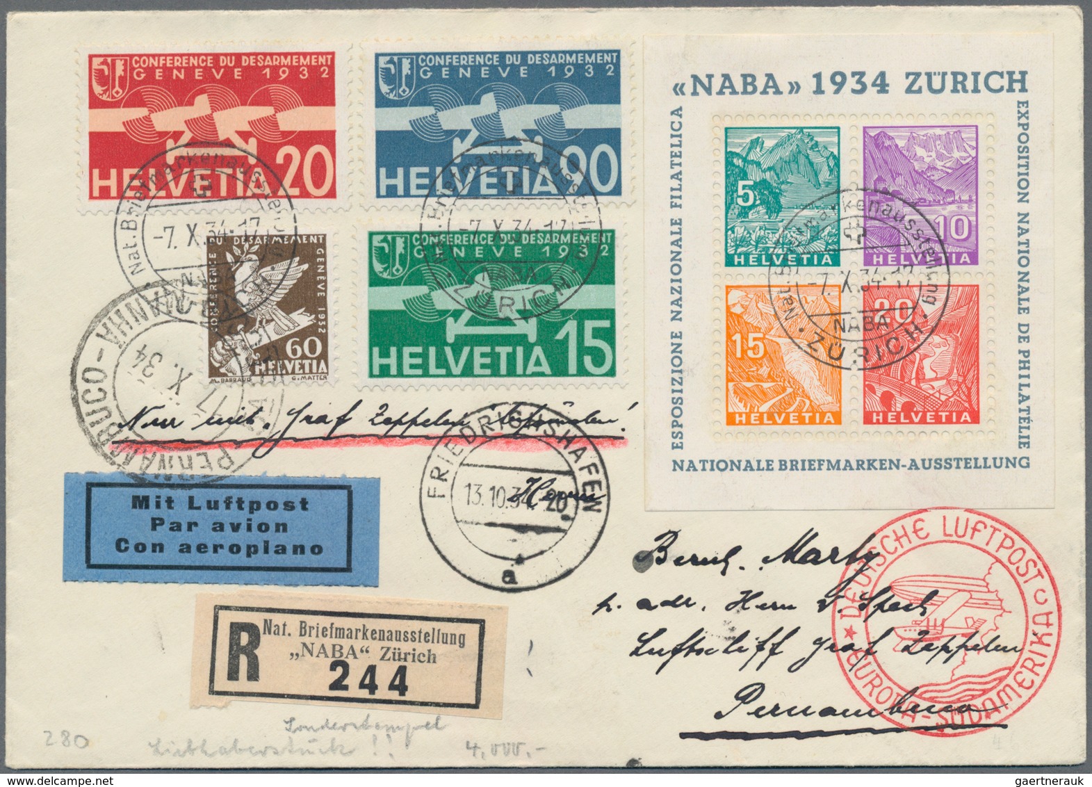 Schweiz: 1934, NABA-Block Zusammen Mit 3 Flugpostmarken Als Eingeschriebener ZEPPELIN - Brief Von Zü - Unused Stamps