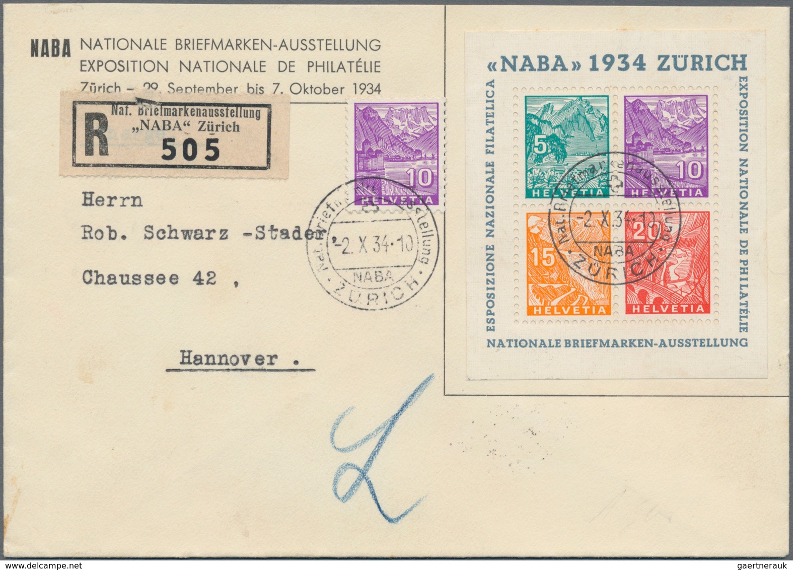 Schweiz: 1934, NABA-Block Mit Entspr. SoSt. 2.X.34 Auf Ausstellungs-Umschlag, Mit Zusatzfrankatur 10 - Ungebraucht