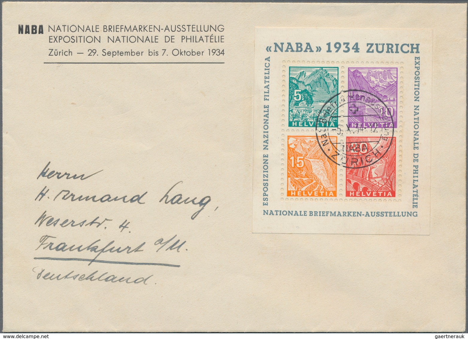 Schweiz: 1934, NABA-Block Mit Entspr. SoSt. 5.X.34 Auf Nach Frankfurt Adressiertem Ausstellungsumsch - Neufs