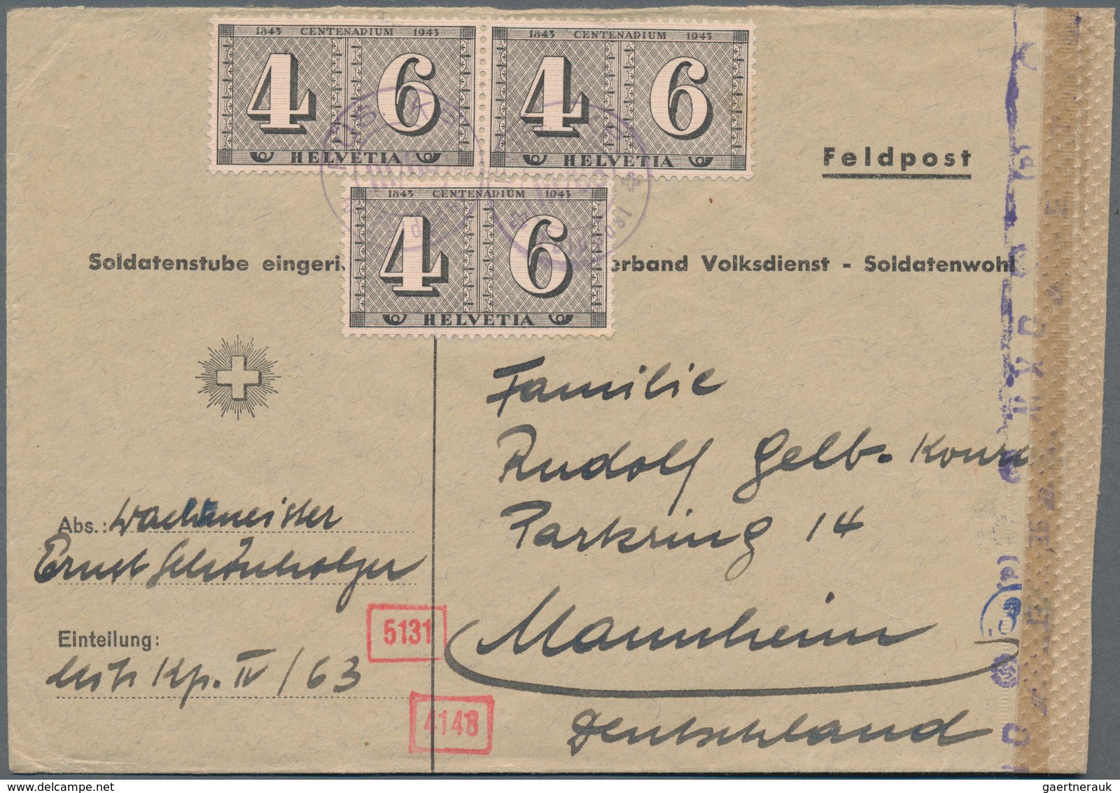 Schweiz: 1943, 4+6 C. 100 Jahre Schweizer Briefmarken, 3 Werte Auf Feldpostbrief "FÜS. KP III/63" Mi - Unused Stamps