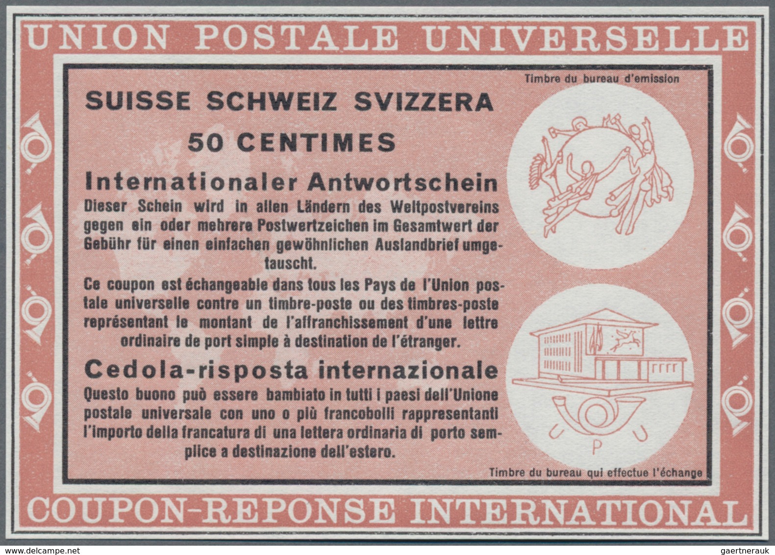 Schweiz: 1966. Essay In Hellbräunlichrot Für "Internationalen Antwortschein 50 Centimes" (Wien Type) - Unused Stamps