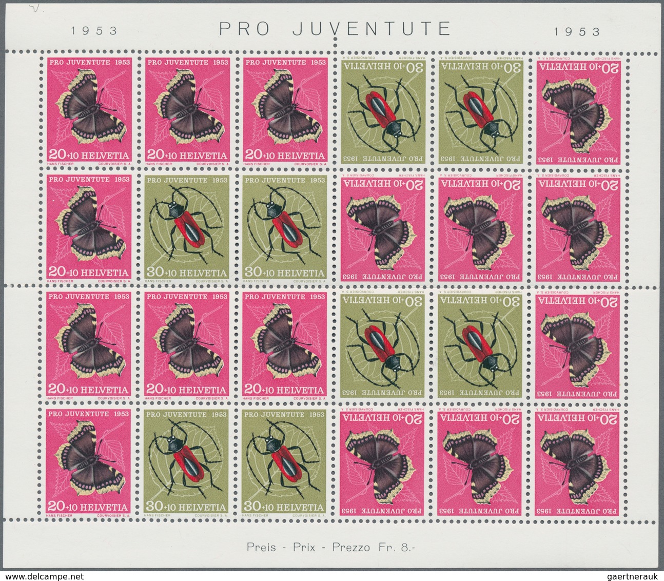Schweiz - Zusammendrucke: 1953, Pro Juventute Zusammendruckbogen 'Trauermantel Und Purpurbock' Postf - Se-Tenant