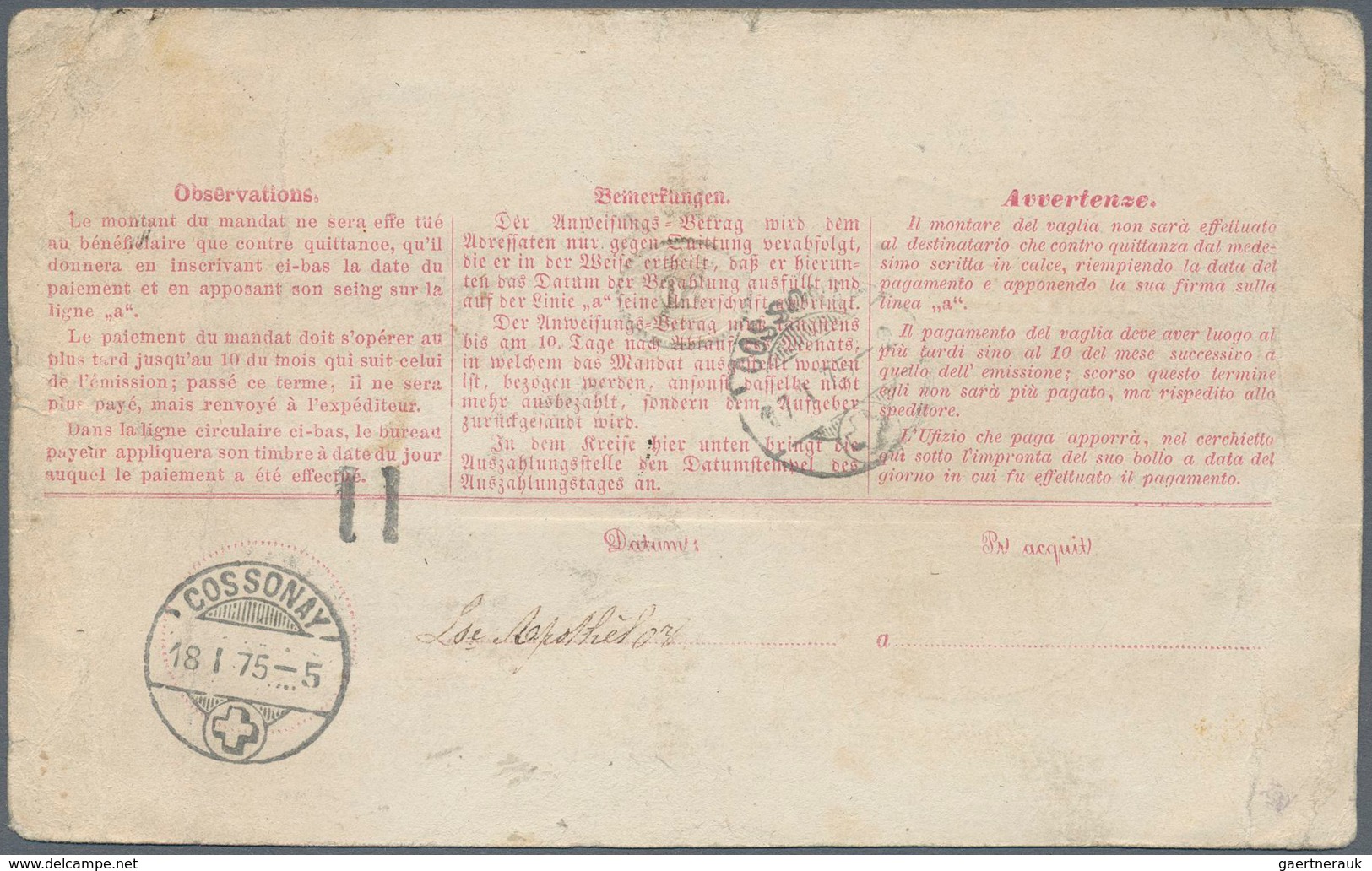 Schweiz - Ganzsachen: 1867 Postanweisung 60 Rp. Karmin, Gebraucht Zum Höchstbetrag Von 500 Fr. 1875 - Stamped Stationery
