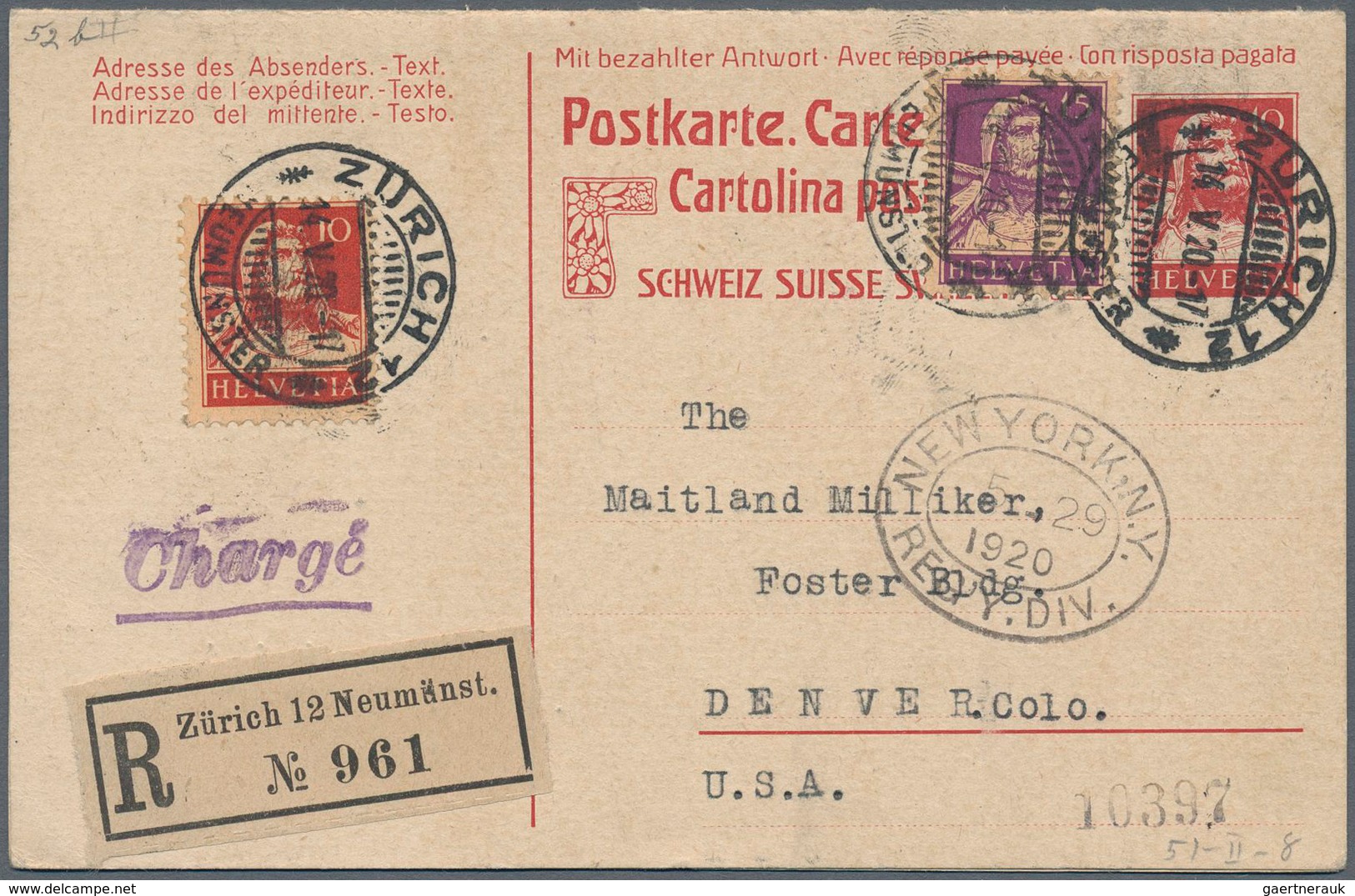 Schweiz - Ganzsachen: 1914 Ganzsachen-Doppelkarte Tell 10+10 Rp., Type II, Eingeschrieben Verwendet - Stamped Stationery