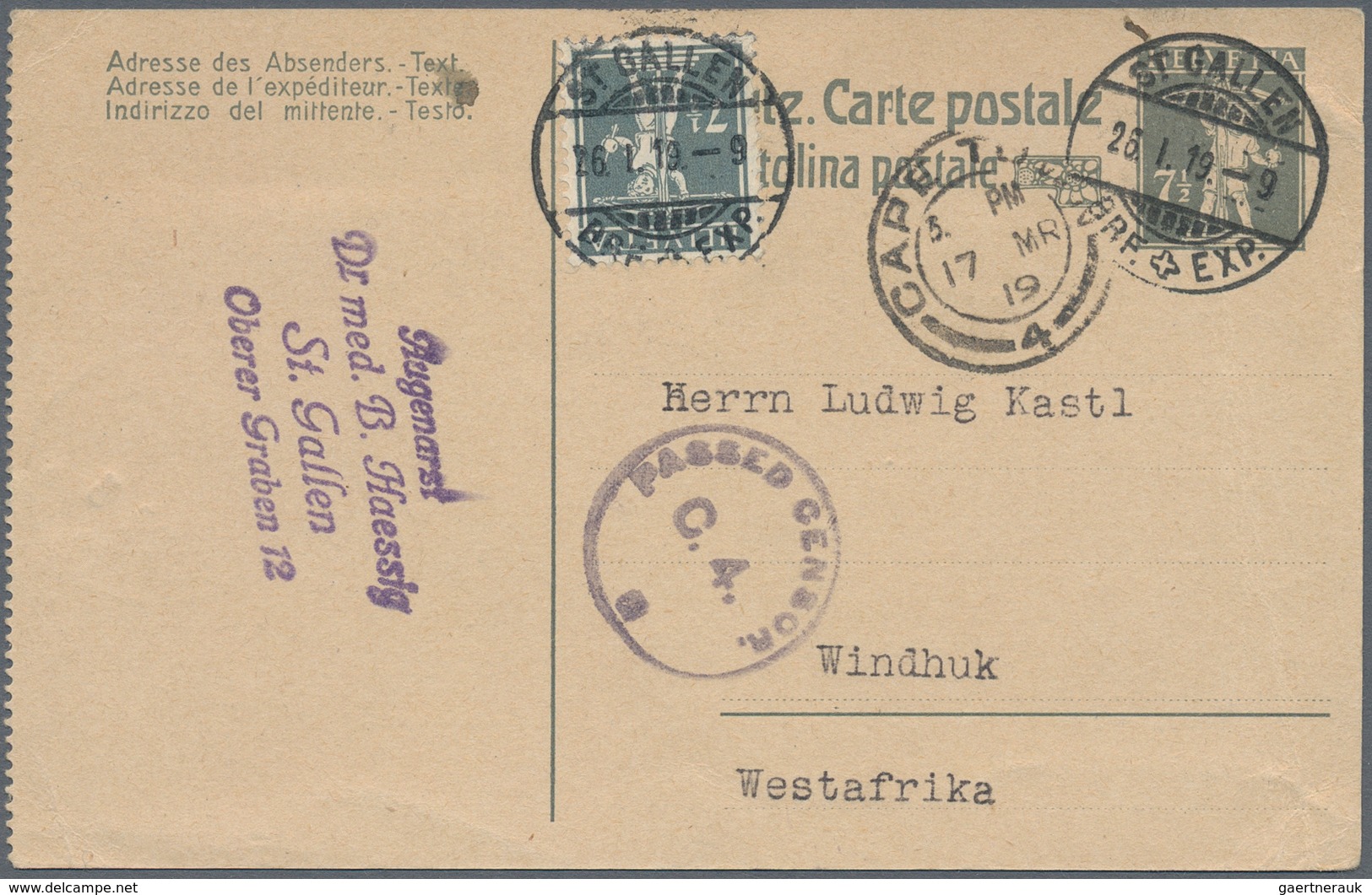 Schweiz - Ganzsachen: 1919 Destination WESTAFRIKA: Ganzsachenkarte Tell 7½ Rp. Grau, Type II Mit Gez - Stamped Stationery
