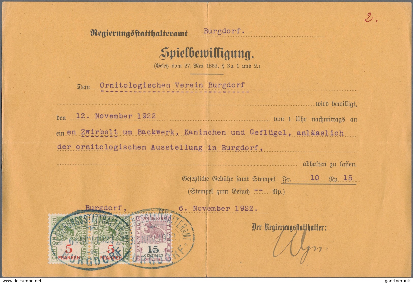 Schweiz - Besonderheiten: 1922, Spielbwilligung Anlässlich Der Ornitologischen Ausstellung In Burgdo - Other & Unclassified