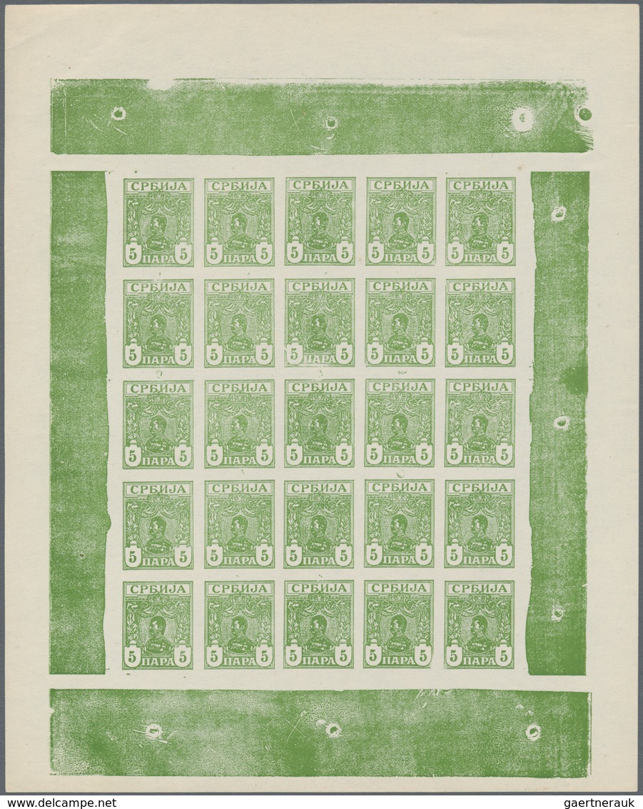 Serbien: 1901, King Alexander I., 5pa. Yellow-green, Imperforated Proof Sheet Of 25 Stamps On Ungumm - Serbia