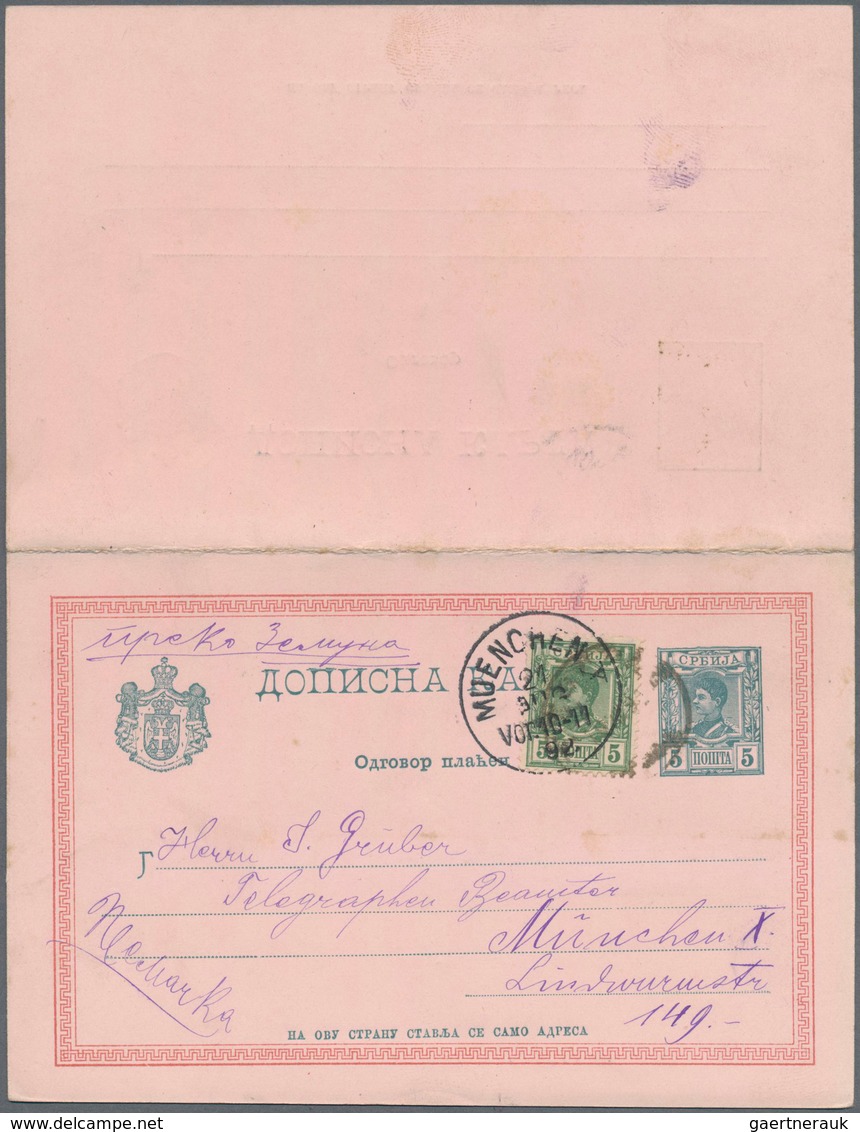 Serbien - Ganzsachen: 1892 Commercially Used Uprated Postal Stationery Reply Paid Card 5 Pa Bluegree - Serbia