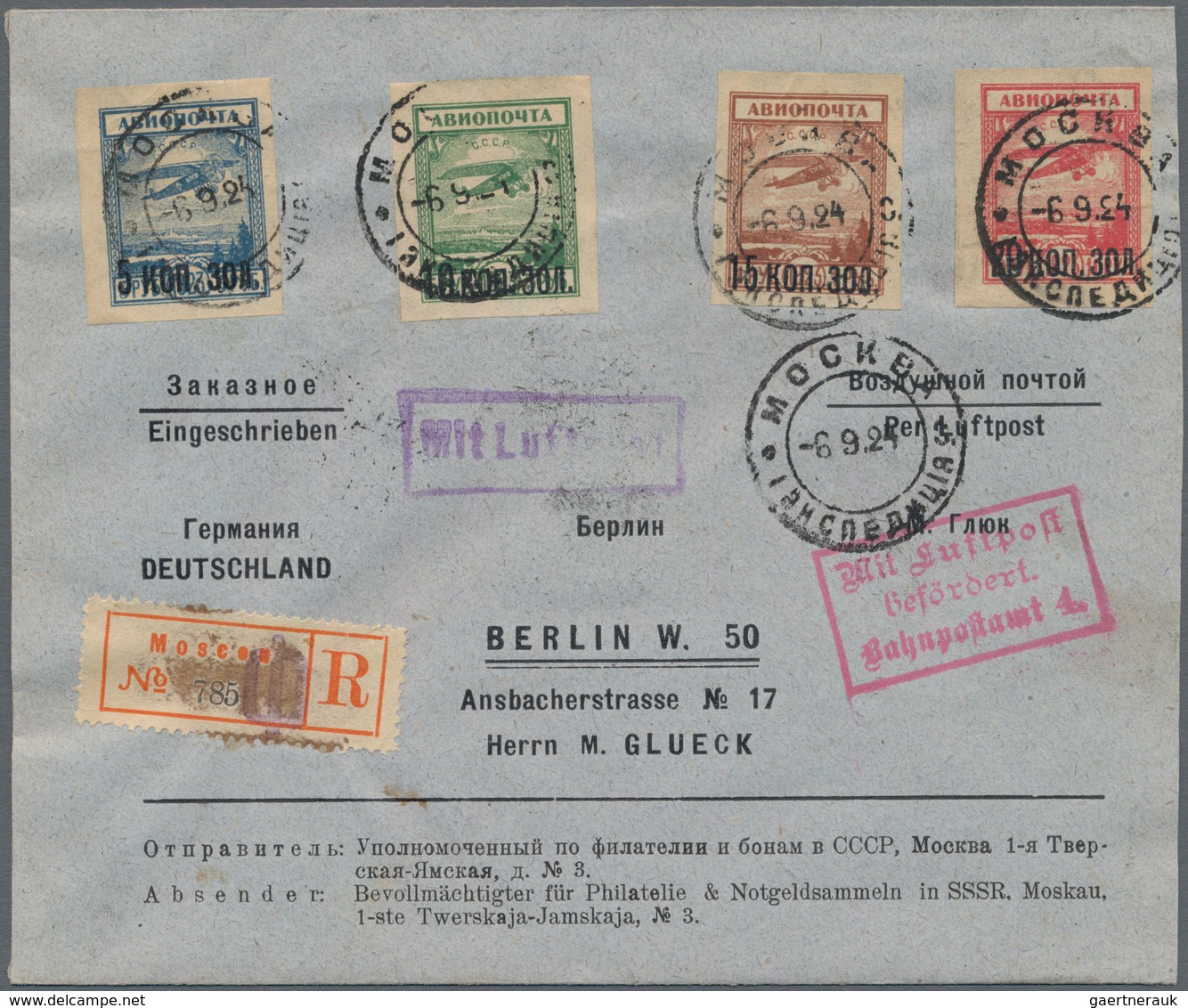 Sowjetunion: 1924 Air Set Of Four Used On Registered Cover From Moscow (6.9.24) To Berlin, With Reg. - Covers & Documents