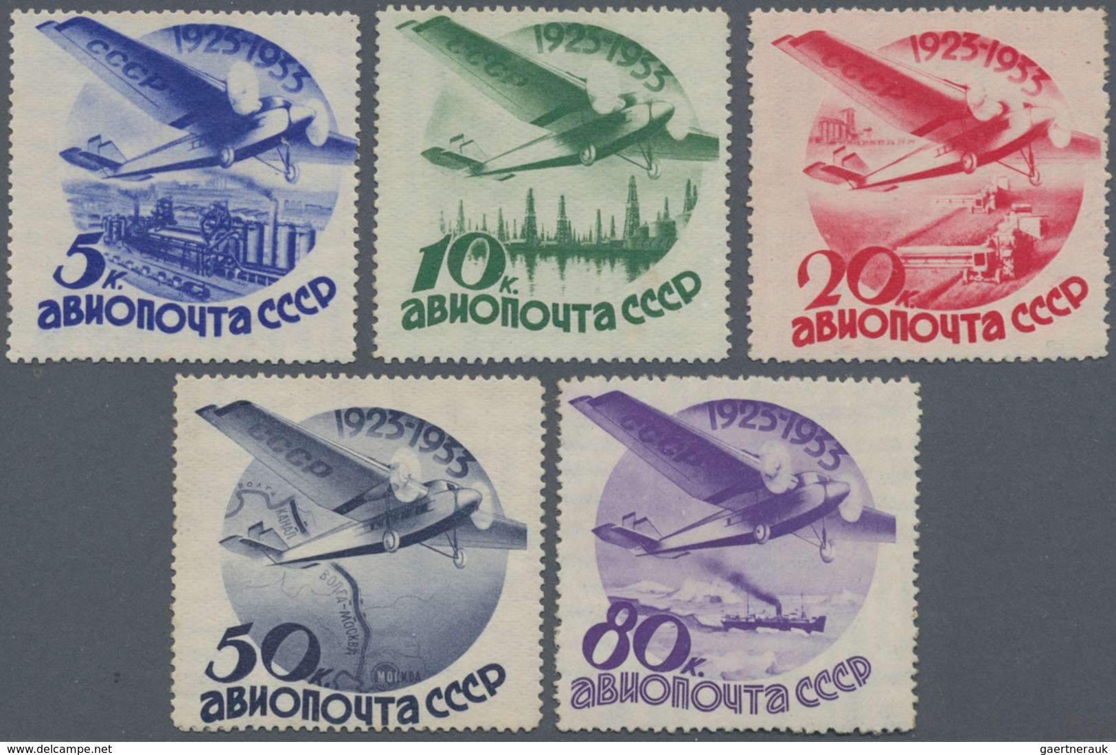 Sowjetunion: 1934 Air Complete Set Of Five, 5k To 50k With Watermark Sideways, 80k With Watermark Up - Covers & Documents