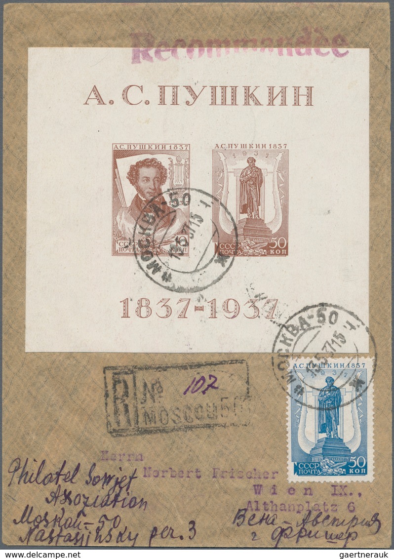 Sowjetunion: 1937 'Pushkin' Miniature Sheet With Variety "missing Dot (= AC. For A.C.) On 10k." Used - Covers & Documents