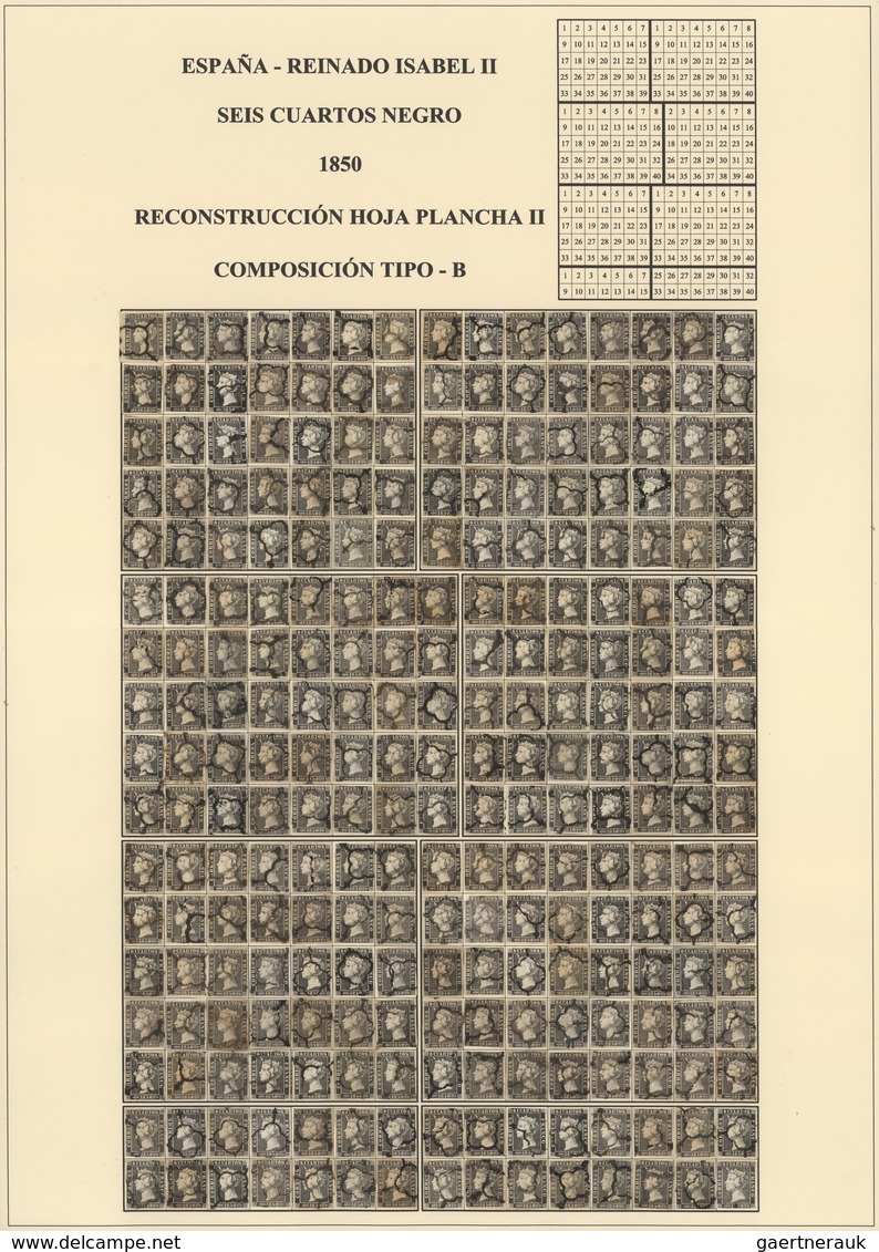 Spanien: 1850, 6 Cuartos Black, Queen Isabel II. Six Complete Plate Reconstructions. 15*17 = 255 Sta - Gebraucht