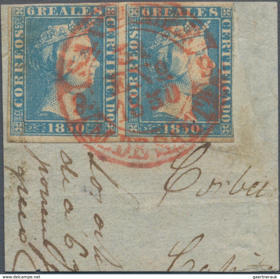 Spanien: 1850, 4r. Blue, Horizontal Pair Of Fresh Colour, Slightly Cut Into To Full Margins, Used On - Used Stamps