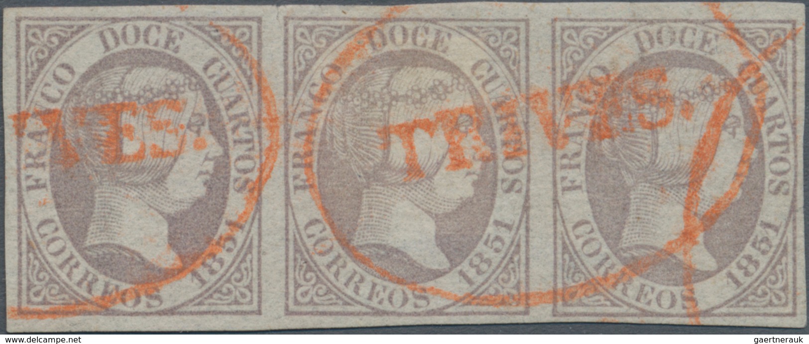Spanien: 1851, 12cs. Lilac, Horizontal Strip Of Three, Fresh Colour And Full To Wide Margins All Aro - Used Stamps