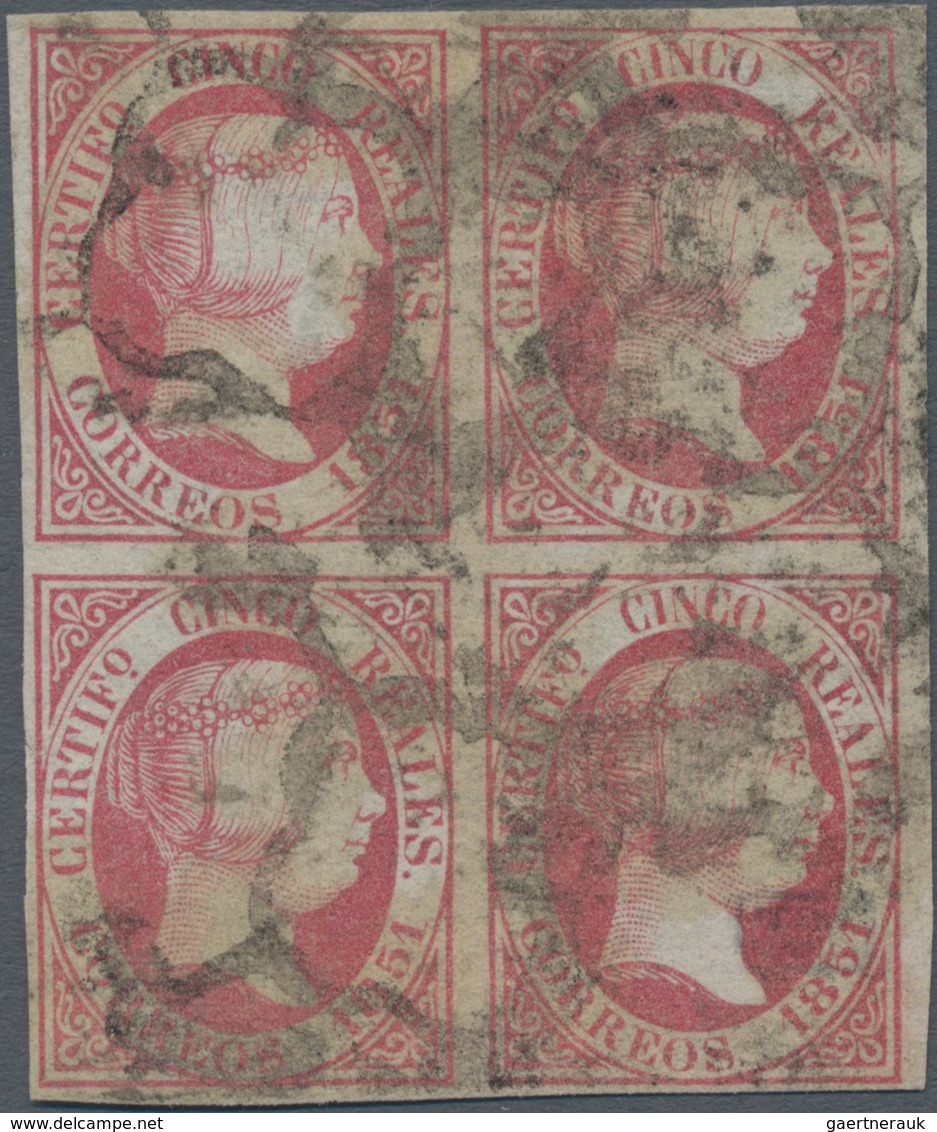 Spanien: 1851, 5r. Rose, Block Of Four, Fresh Colour And Full Margins All Around, Oblit. By Several - Used Stamps