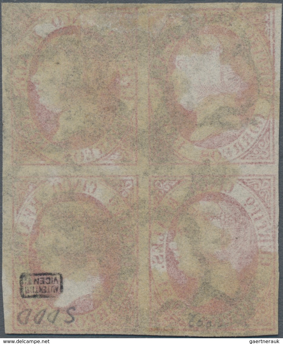 Spanien: 1851, 5r. Rose, Block Of Four, Fresh Colour And Full Margins All Around, Oblit. By Several - Used Stamps