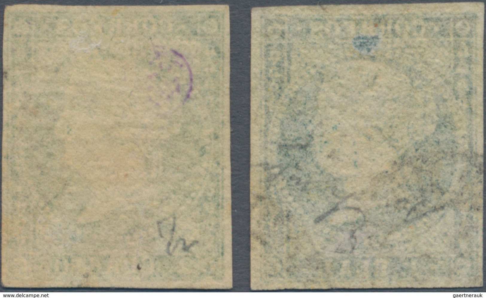 Spanien: 1856, Isabella Watermark Crossed Lines, 2 R. Green (matasello Fechador) And 4 R.greenishblu - Gebraucht