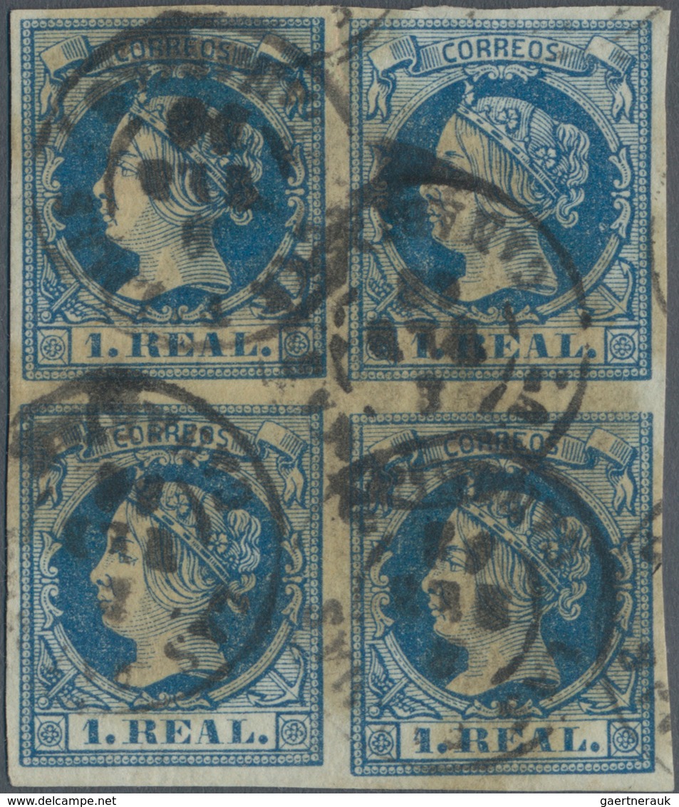 Spanien: 1860, 1 REAL Blue, Bloc Of 4 With All 4 Margins Large, Minime Precut Between Both Upper Sta - Used Stamps