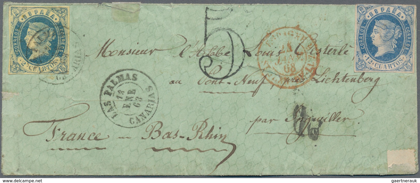 Spanien: 1863, 2 Cs Blue On Yellow, Tied By Cds LAS PALMAS / CANARIAS, 13.ENE.63, Together With An U - Gebraucht