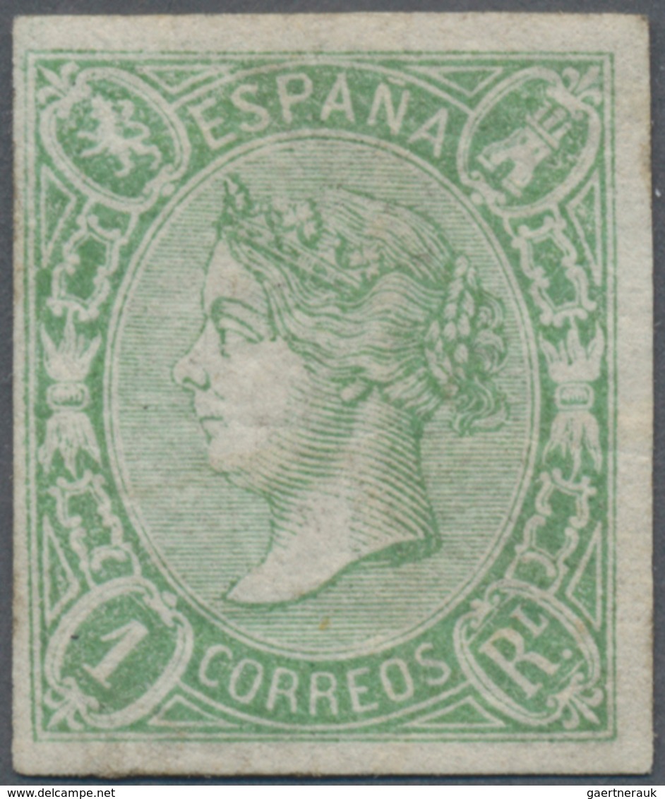 Spanien: 1865, Queen Isabella II. 1r. Yellow Green Imperforated With Good To Wide Margins Around, Un - Used Stamps