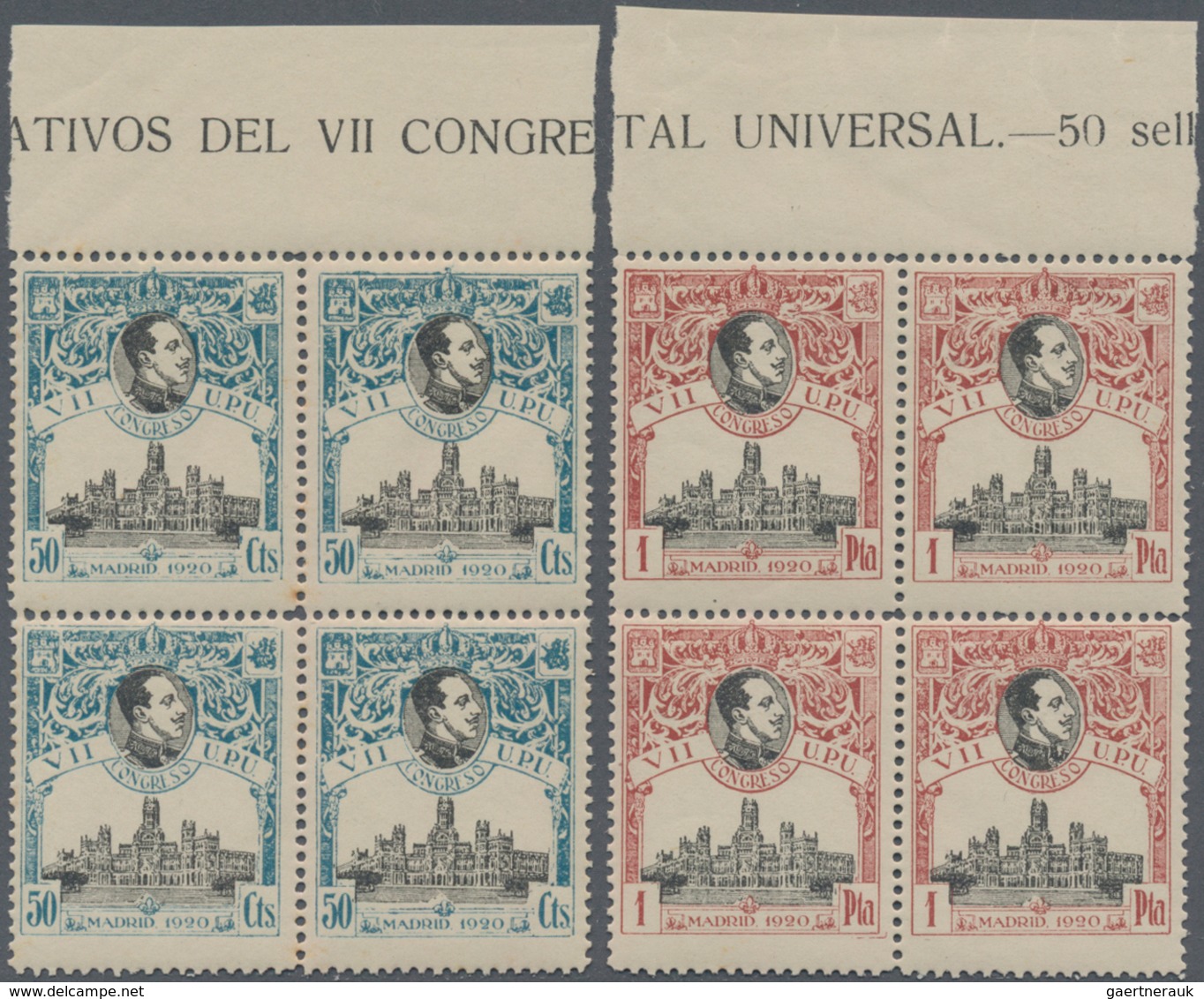 Spanien: 1920, 7th United Postal Union Congress Complete Set In Blocks Of Four With 1c. + 2c. Withou - Used Stamps