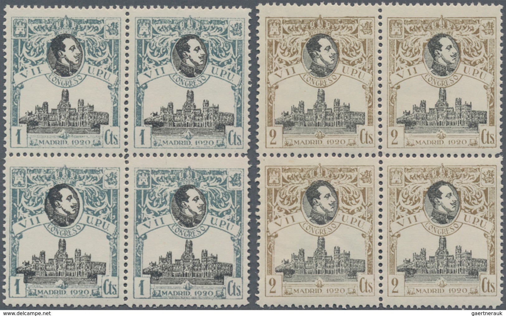 Spanien: 1920, 7th United Postal Union Congress Complete Set In Blocks Of Four With 1c. + 2c. Withou - Gebraucht