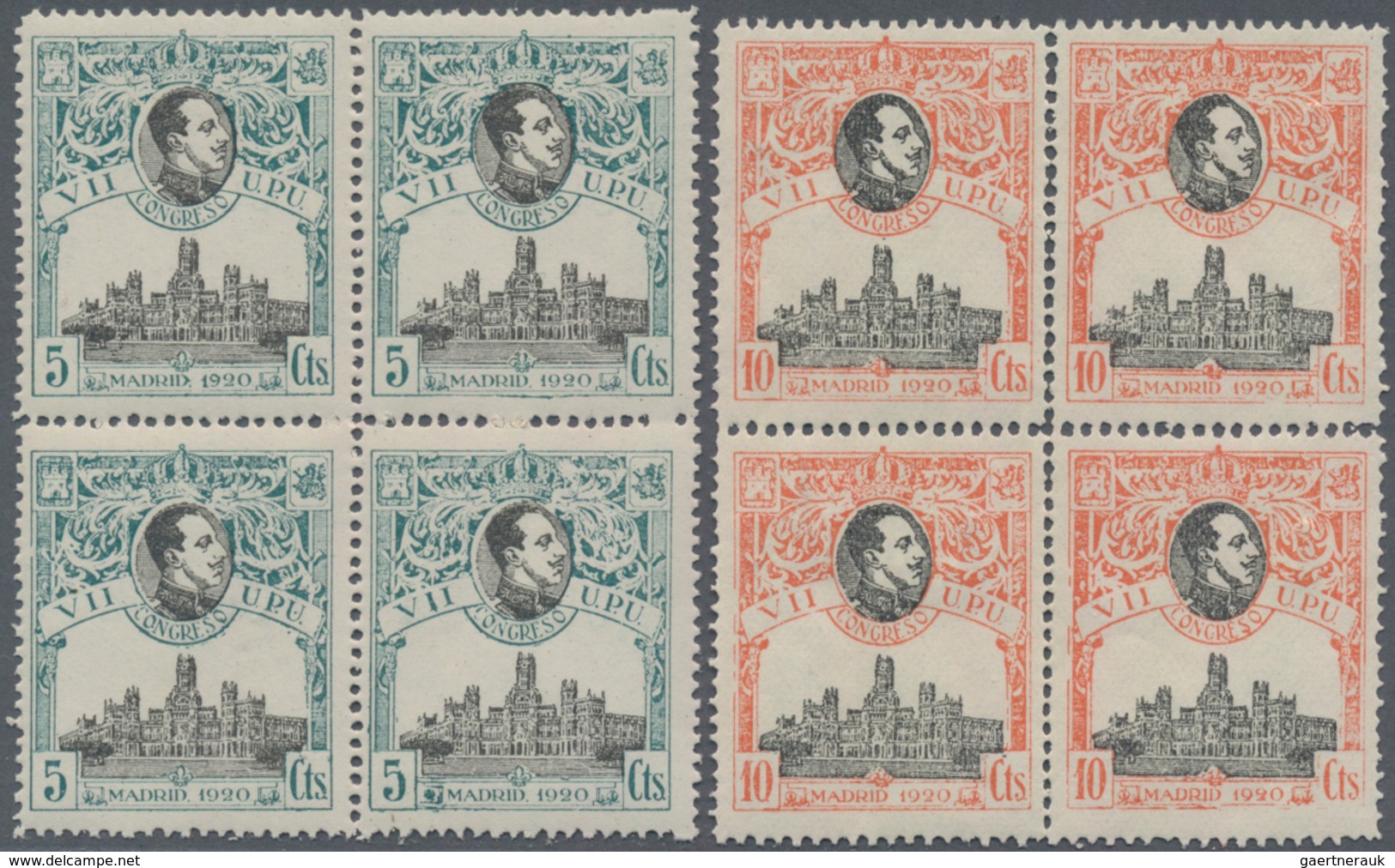 Spanien: 1920, 7th United Postal Union Congress complete set in blocks of four with 1c. + 2c. withou