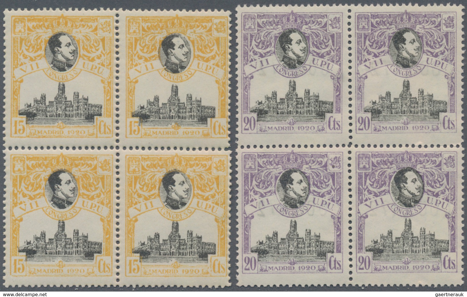 Spanien: 1920, 7th United Postal Union Congress complete set in blocks of four with 1c. + 2c. withou