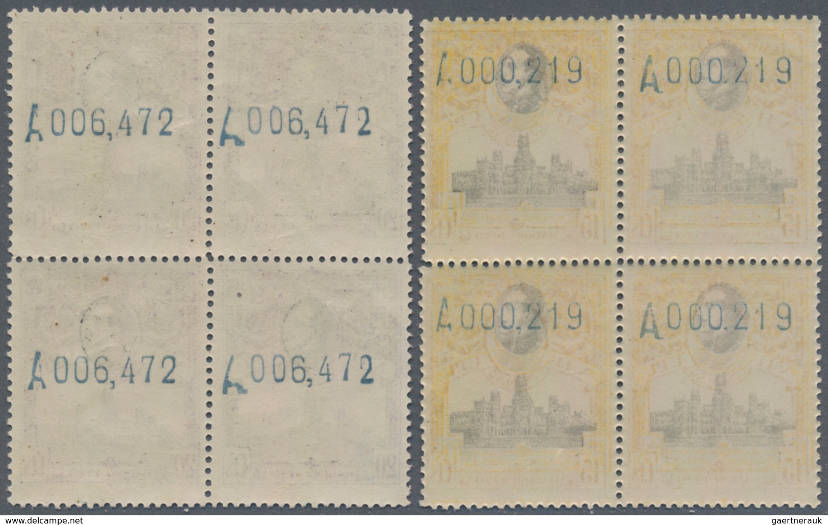 Spanien: 1920, 7th United Postal Union Congress complete set in blocks of four with 1c. + 2c. withou